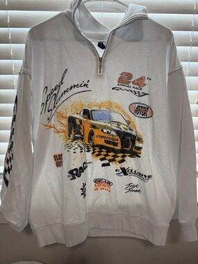 H&M Racing Graphic Half-Zip Pullover - White with Yellow/Black Print